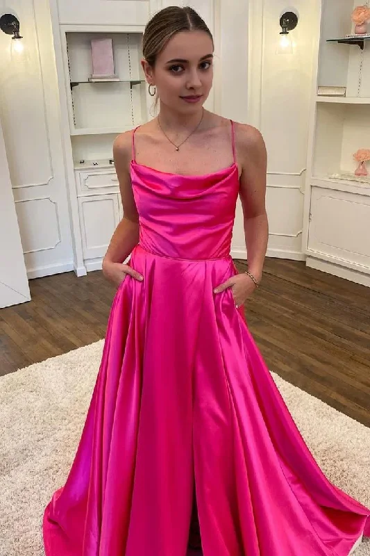 evening dress with crystals-A Line Spaghetti Straps Hot Pink Long Prom Dress with Split Front Evening Dresses