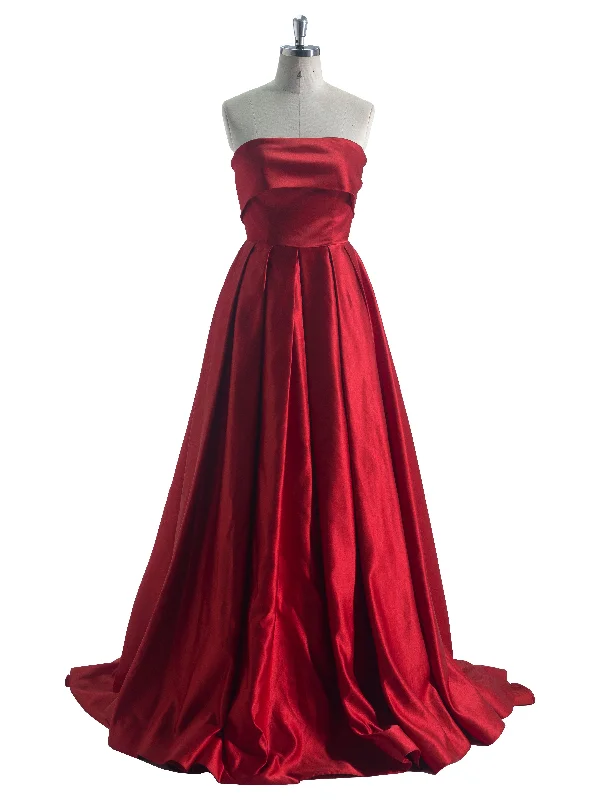 deep V-neck evening dress-A Line Square Floor-Length Silky Red Satin Prom Dresses #LT3734