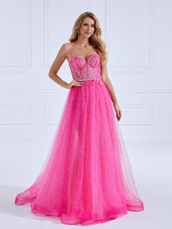 evening dress with floral lace-A-line Sweetheart Floor-Length Shinny Hot Pink Prom Dresses with Crystals Belt #17582