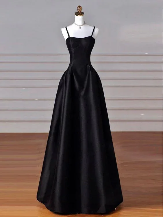 sparkly evening dress-A-Line Sweetheart Neck Satin Black Long Prom Dress, Black Long Formal Dress