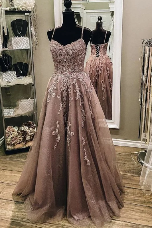 evening dress with side slit-A Line Thin Strap Lace Long Prom Dress, Lace Formal Dress, Evening Dress        S5370