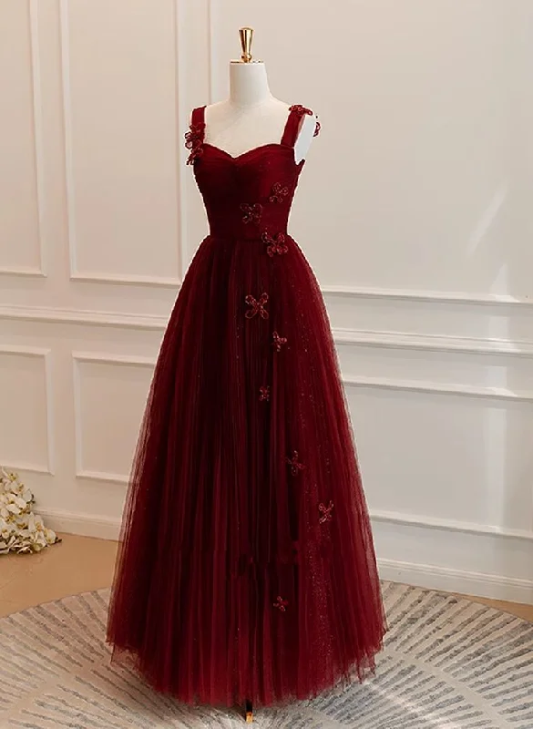 elegant ball gown evening dress-A-Line Tulle Sweetheart Straps Long Formal Dress, Wine Red Evening Dress Prom Dress        S5177