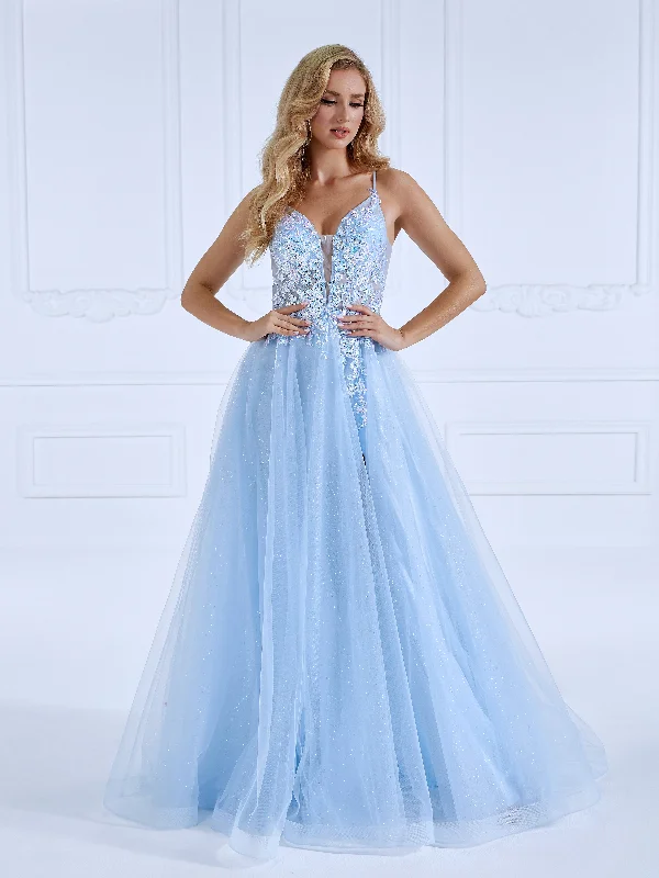 evening dress with embroidery-A-line V Neck Floor-Length Light Blue Prom Dresses with Sequins #18609