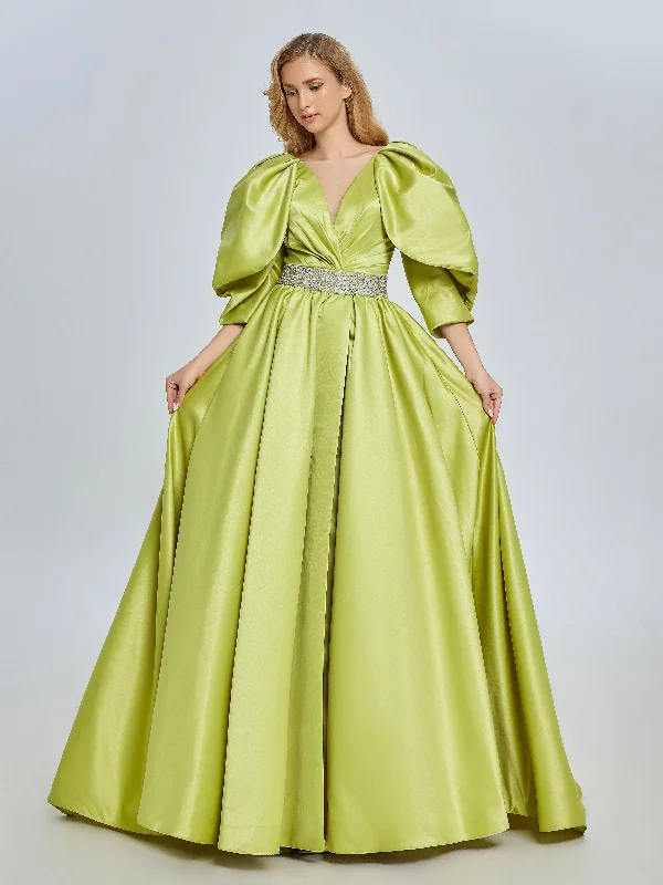 evening dress with high-low hem-A-line V-Neck Half Sleeves Fluorescent Green Satin Prom Dresses YE2527