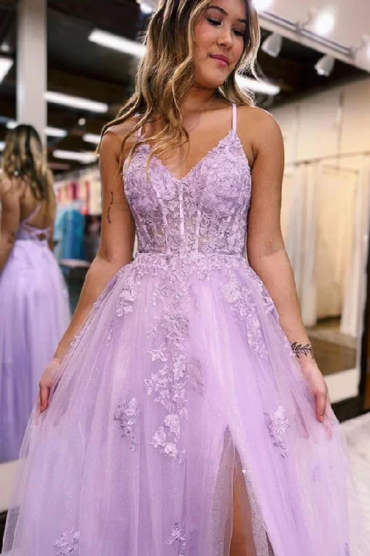 elegant ball gown evening dress-A-Line V Neck Lilac Tulle Long Slit Prom Dress Evening Dress     S4673