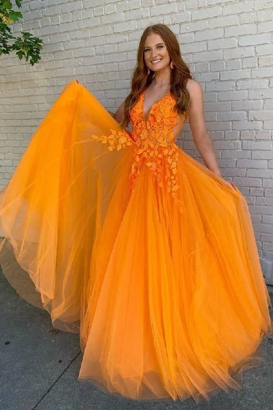 evening dress with sleeves and lace-A Line V Neck Orange Lace Long Prom Dress, Orange Lace Formal Dress, Orange Evening Dress