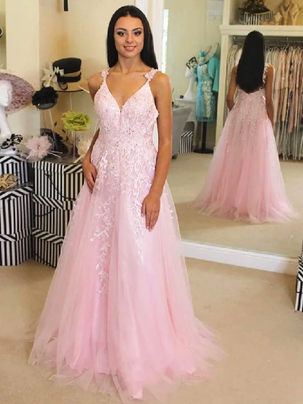 evening dress with train-A Line V Neck Pink Lace Long Prom Dresses, Pink Lace Formal Dresses, Pink Evening Dresses