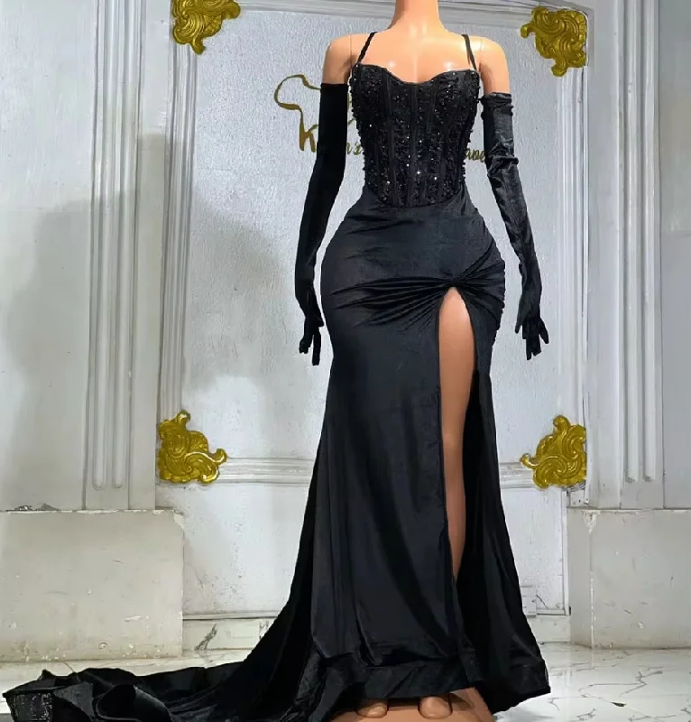 evening dress with cape-African Black Spaghetti Beaded Shinny Evening Dresses Corset Fish Bones Mermaid Formal Dress Wedding Reception Gowns Engagement