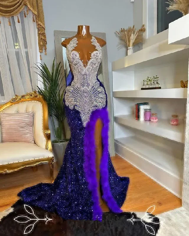 modest evening gown-American Girl in Royal Purple Evening Formal Dress for Women Silver Diamond Velvet Long Slit Mermaid Prom Queen Gown Feather