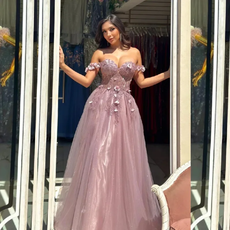 pleated evening gown-Applique Flower Beading Sequined Celebrity A-line Off-the-shoulder Bespoke Occasion Gown Long Dresses