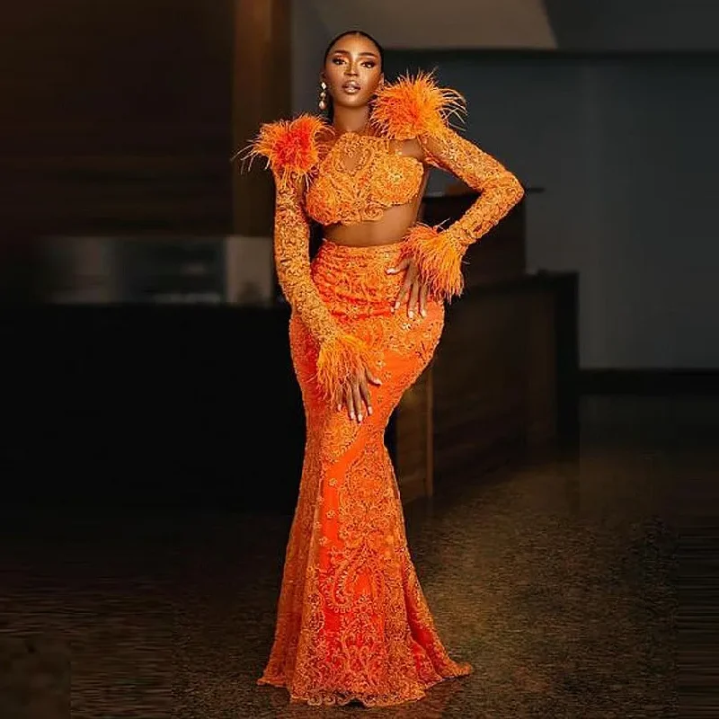 asymmetrical evening dress-Aso Ebi Lace Evening Dresses With Feathers See Through Long Sleeves Prom Dress African Women Formal Celebrity Birthday Gowns