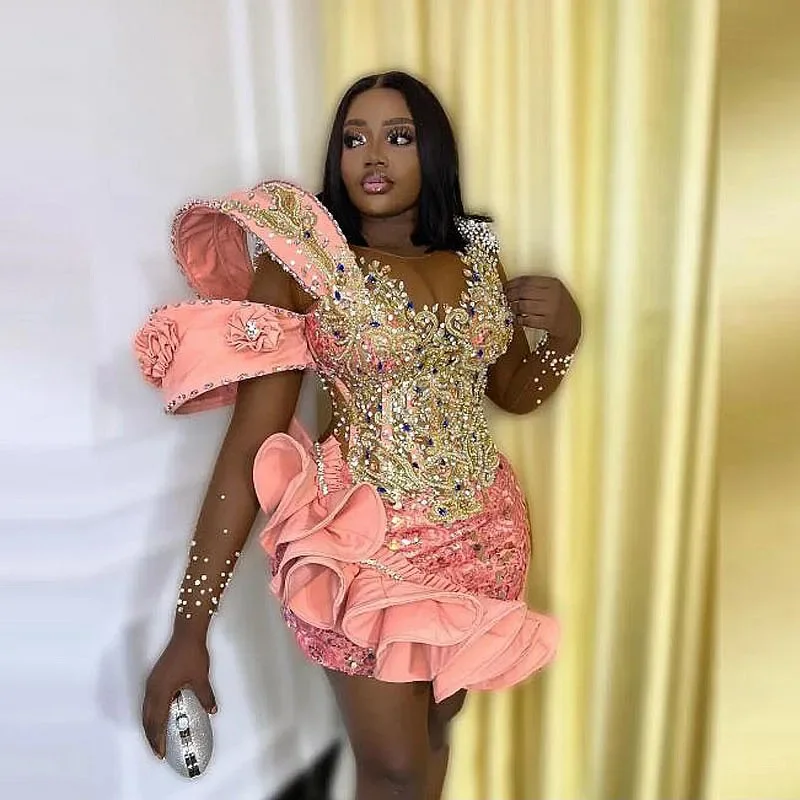 chiffon evening gown-Aso Ebi Pink Short Prom Dresses Crystals Beaded Sheer Neck Illusion Long Sleeves African Women Above Knee Birthday Party Gowns