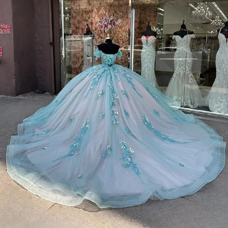 empire waist evening dress-Baby Blue Pink Princess Quinceanera Dresses 2025 Off Shoulder Floral Applique Corset Lace-up vestidos de 15 años quinceañeras