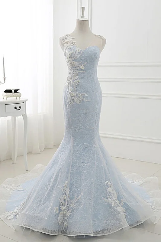 evening dress with appliqués-Baby Blue Sweep Train Lace Mermaid Evening Dresses, Formal Dress With Applique