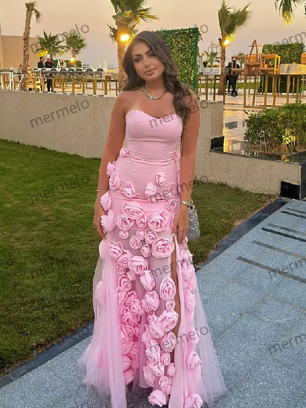 elegant evening dress with sleeves-Baby Pink 3D Flowers Prom Dresses Strapless Slit Women Evening Gowns