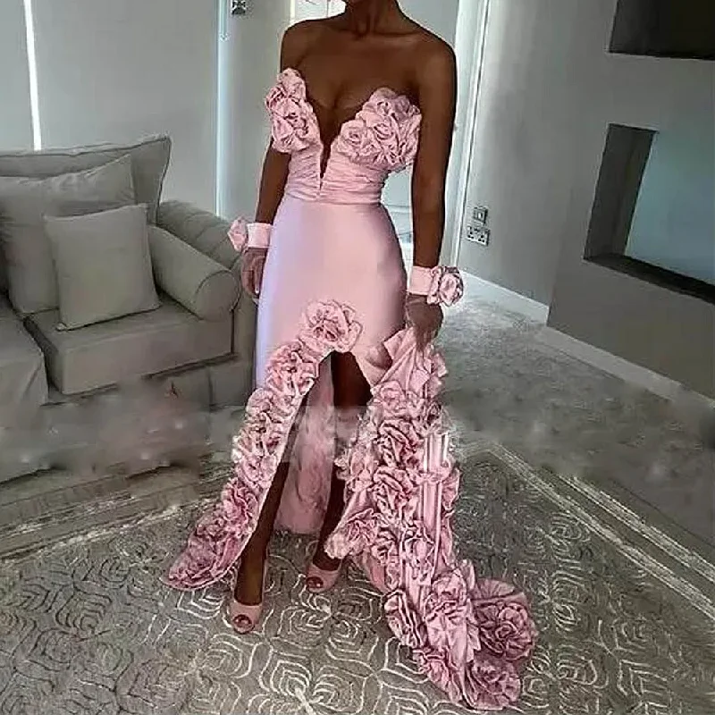 evening dress with cape-Baby Pink Mermaid Prom Dresses With Handmade Flowers High Slit Evening Party Dress Sexy Wedding Reception Dress Without Gloves