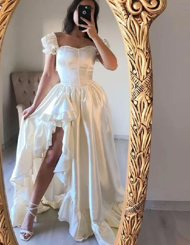 modest evening gown-A-line Prom Dresses Short Sleeves Sweetheart Ruffles Evening Party Gowns Long Satin Princess Homecoming Dress