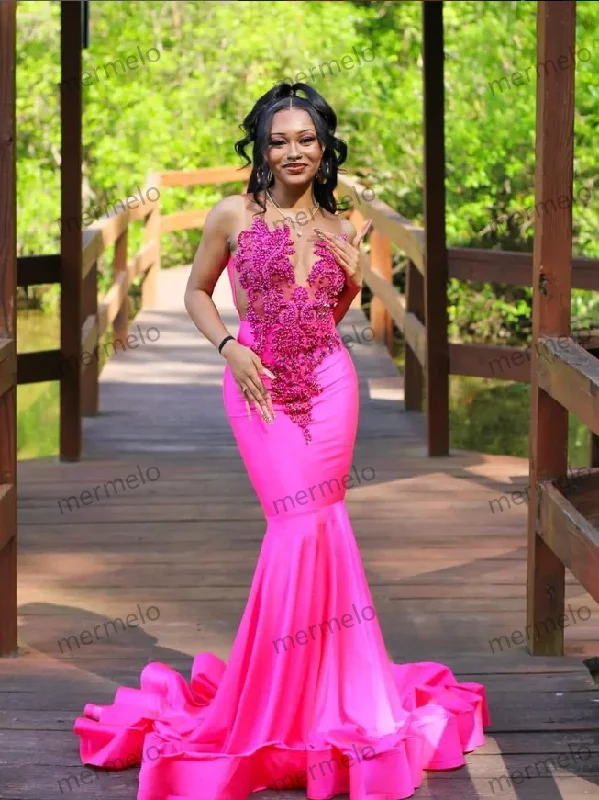 evening dress with sleeves and lace-Barbie Pink Prom Dress Sparkling Rhinestone Beaded Embellished Party Dress