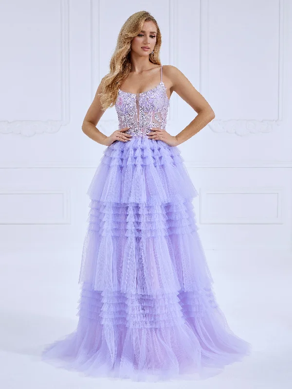 beaded evening dress-Beads Lace Prom Dresses A-Line Princess Pleated Skirt Floor-Length Photo Shoot Dress #89984L