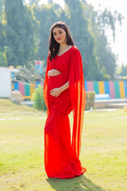 high neck formal evening dress-Berry Red Flying Sleeves Maternity Photoshoot Gown