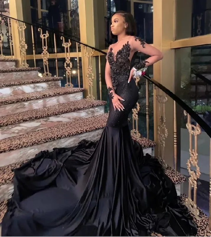 draped evening gown-Black African American Prom Dresses Mermaid Long Sleeves Beaded Black Girls Nigeria Robe De Soiree Evening Dress Gown