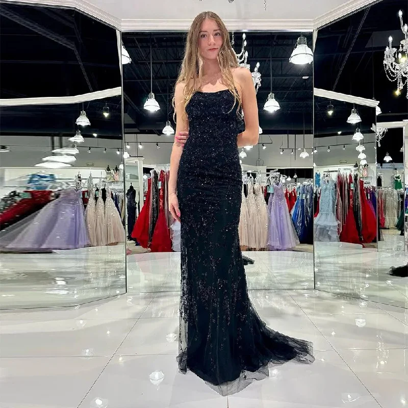 elegant cocktail evening dress-Black Appliques Lace 3D Flowers Mermaid Prom Dresses Sleeveless Evening Gown Graduation Party Dress Pageant Gowns