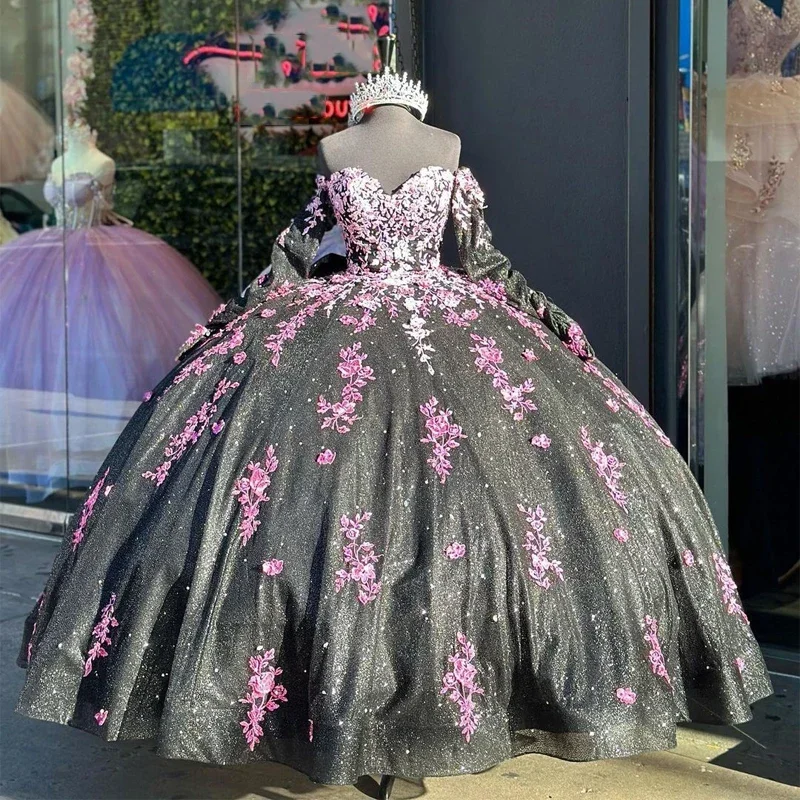 elegant satin evening gown-Black Bling Quinceanera Dresses Mexican Sweetheart Off-The-Shoulder Long sleeve Pink Applique Ball Gowns A-Line Puffy Vestidos