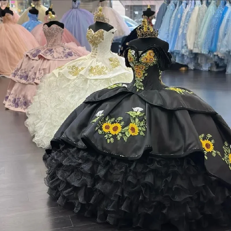 halter neck evening gown-Black Quinceanera Dresses Off Shoulder Sunflower Embroidery Sweet 15