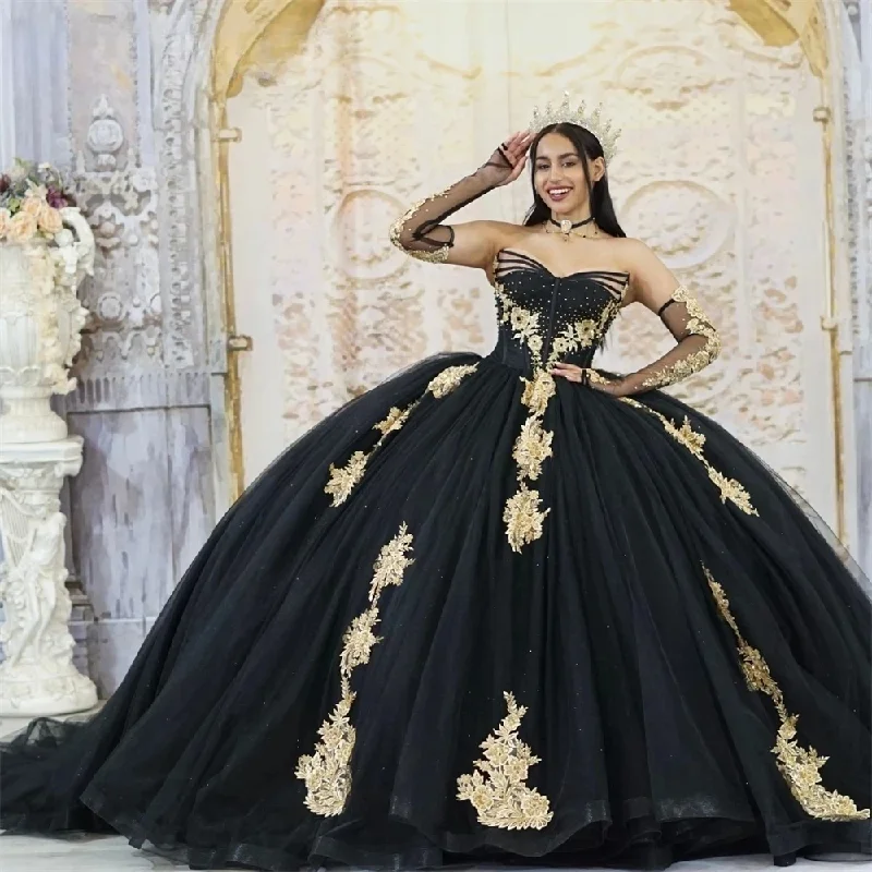 evening dress with floral lace-Black Charro Quinceanera Dresses Ball Gown V-neck Tulle Appliques Beaded Mexican Sweet 16 Dresses 15 Anos