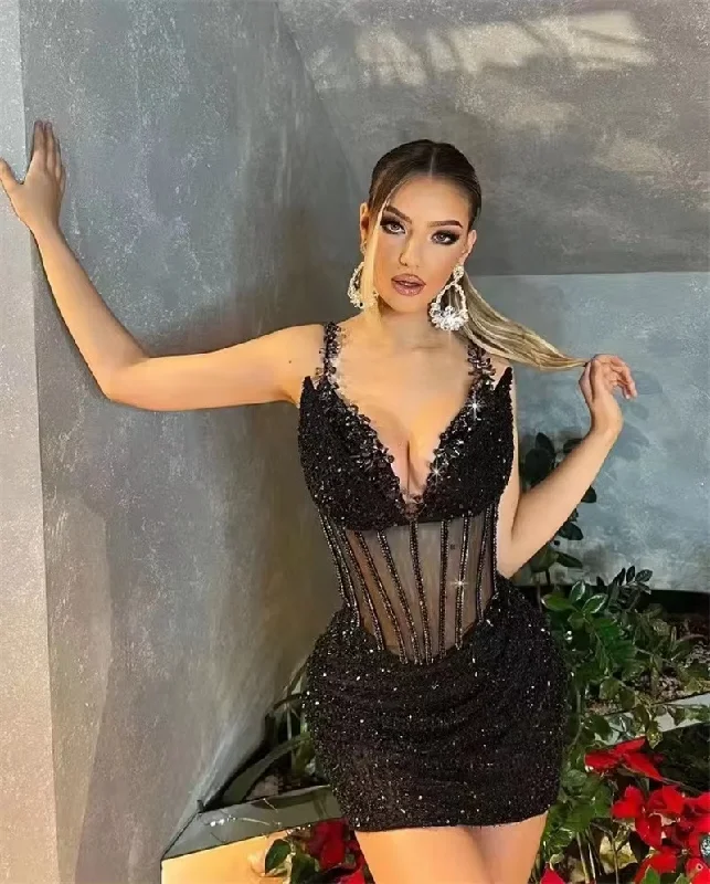 evening dress with sleeves and lace-Black Color Women Sleeveless Sexy V-Neck Bodycon Mini Sequins Dress Nightclub Party Celebrate Fashion Birthday Dress