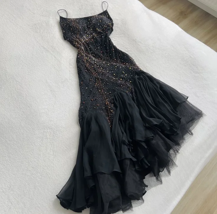 evening gown with sheer overlay-Black Elegant Spaghetti Straps Long Prom Dresses Long Evening Party Dress      S5888