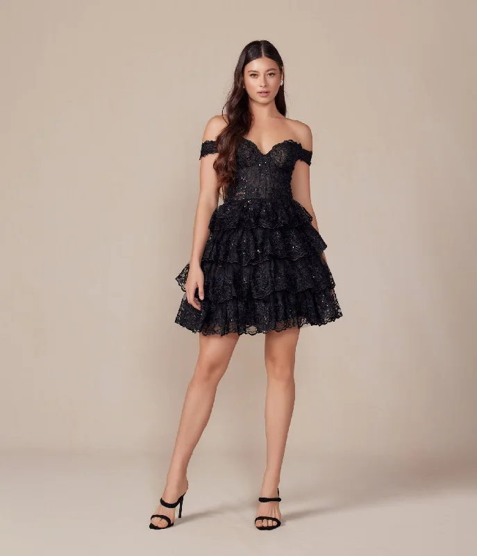 elegant ball gown evening dress-Black Embroidered Sequin Off The Shoulder A-Line Prom Dress