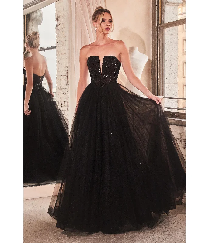 evening dress with crystals-Cinderella Divine Black Glitter Bodice & Tulle Prom Ball Gown