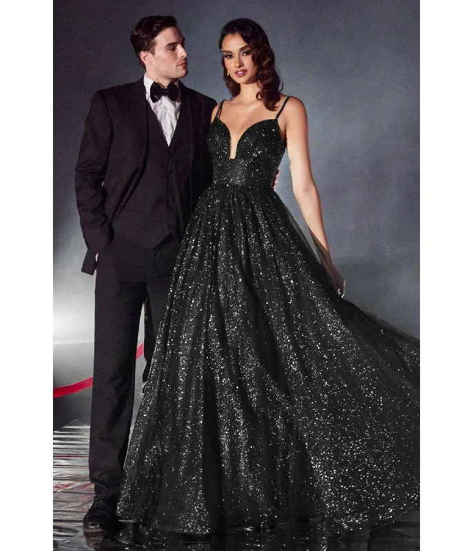 sleeveless evening dress-Cinderella Divine  Black Glitter Sleeveless Ball Gown