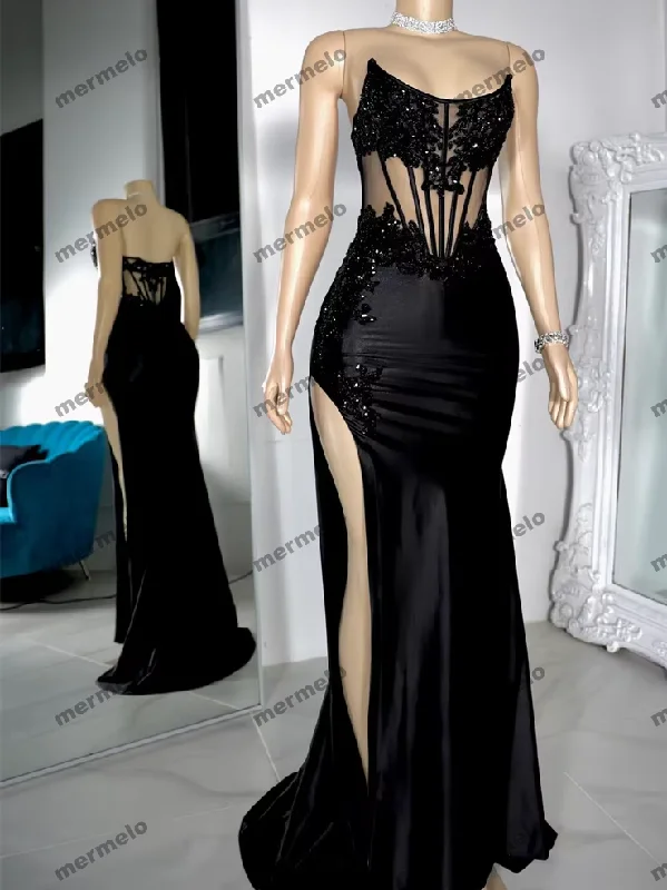 high slit evening dress-Black Long Mermaid Prom Dress For Black Girls Dress Birthday Senior Party Gown Luxury Dress