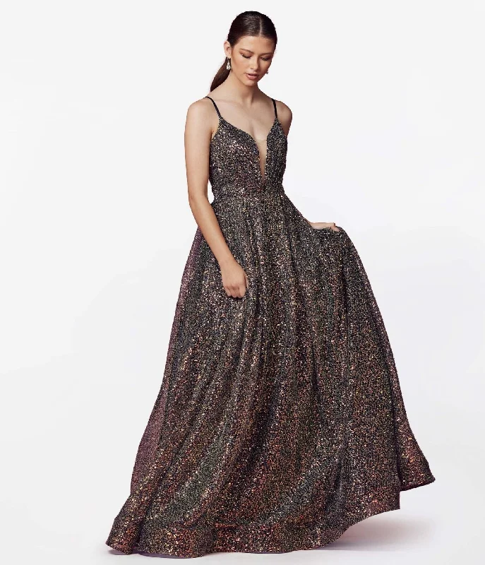 spaghetti strap evening dress-Black & Multi Iridescent Sequin Prom Gown