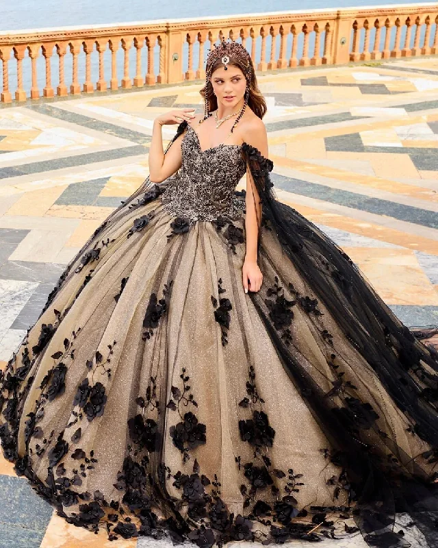 floor-length evening dress-Black Quinceanera Dresses Ball Gown Floral Applique Off Shoulder Sweet 16 Dresses Birthday Prom Party Vestidos De 15 Años