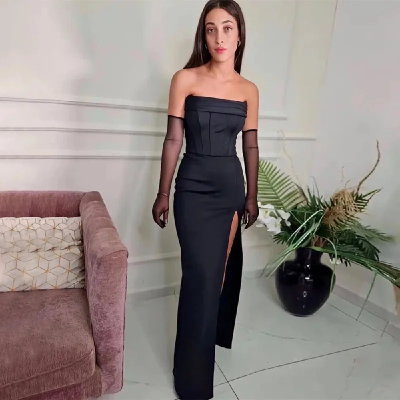 illusion back evening dress-Black Satin Evening Dress with Gloves Strapless High Splie Column Evening Gowns for Women 2024 Floor Length Backless Prom Dress