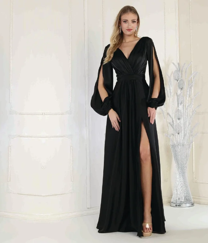 deep V-neck evening dress-Black Satin Long Sleeve Goddess Gown