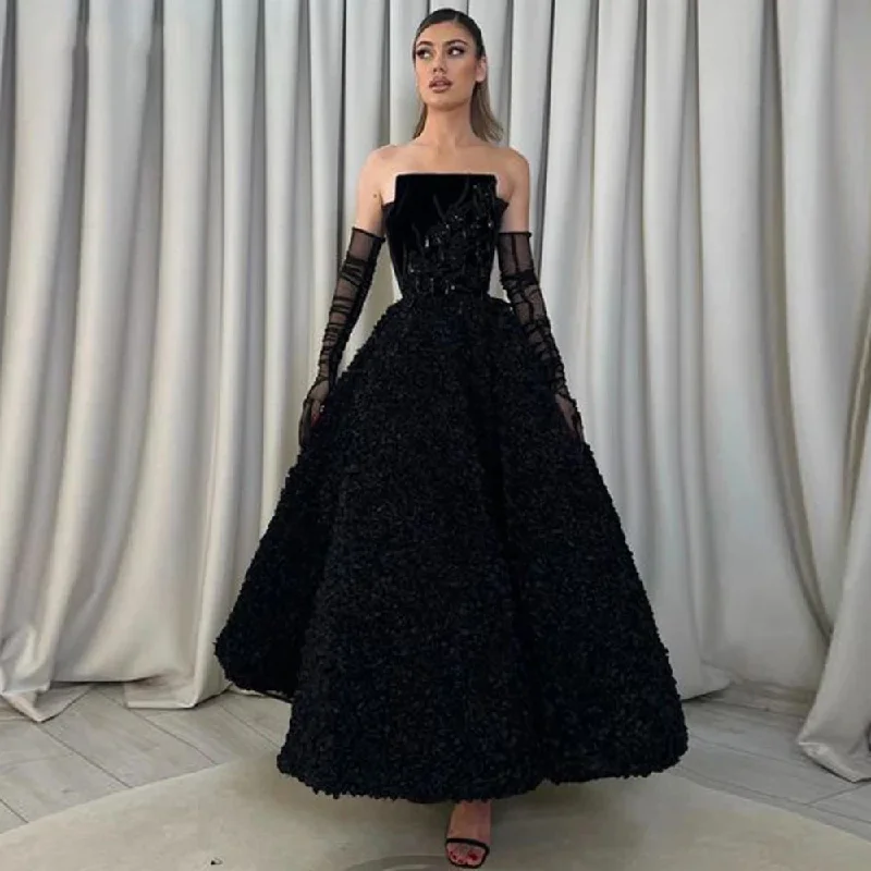 off shoulder evening gown-Black Satin Prom Dresses A-Line Women Boat Neck Lace Appliques Floor Length Evening Gowns Formal Occasion Robes De Soirée