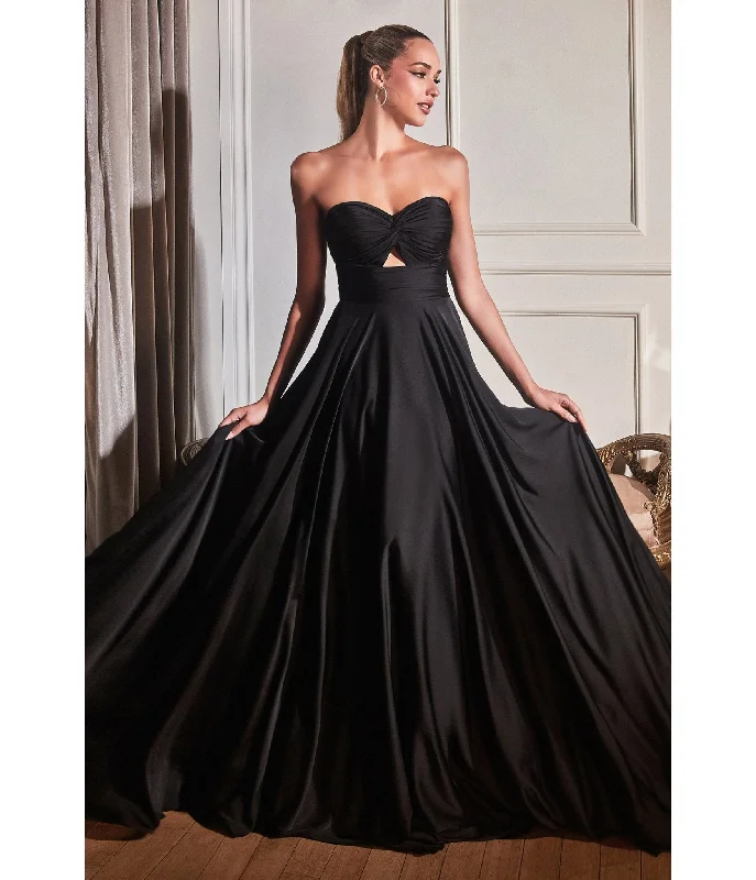 evening dress with blouson top-Cinderella Divine  Black Satin Strapless Keyhole Evening Gown