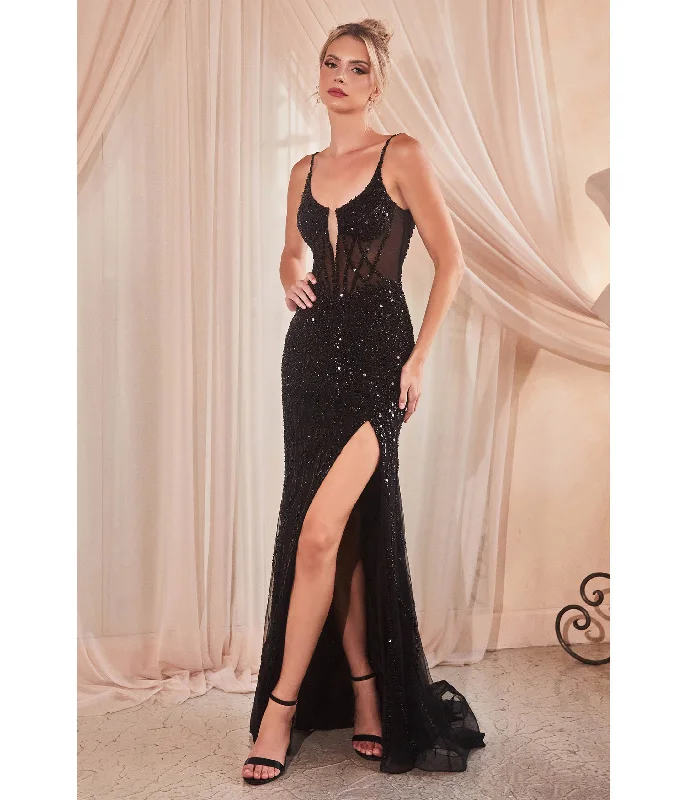 vintage lace evening dress-Cinderella Divine  Black Sequin Beaded High Slit Fitted Prom Gown