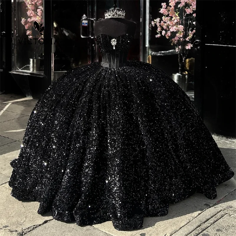 ruched evening dress-Black Sequin Corset Quinceanera Dress Ball Gown Dress 18th Birthday Silver Rhinestones Debut vestido de charra 15 años Sweet 15