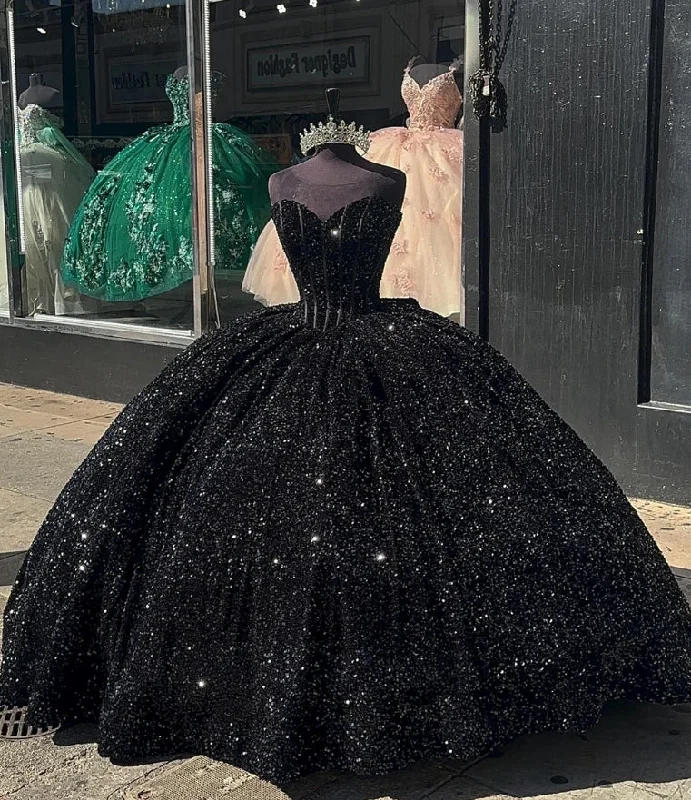 satin evening gown-Black Sequin Corset Quinceanera Dresses With Bow Sweetheart Shinning Sweet 16 Dresses Ball Gown Birthday Gowns vestidos de 15