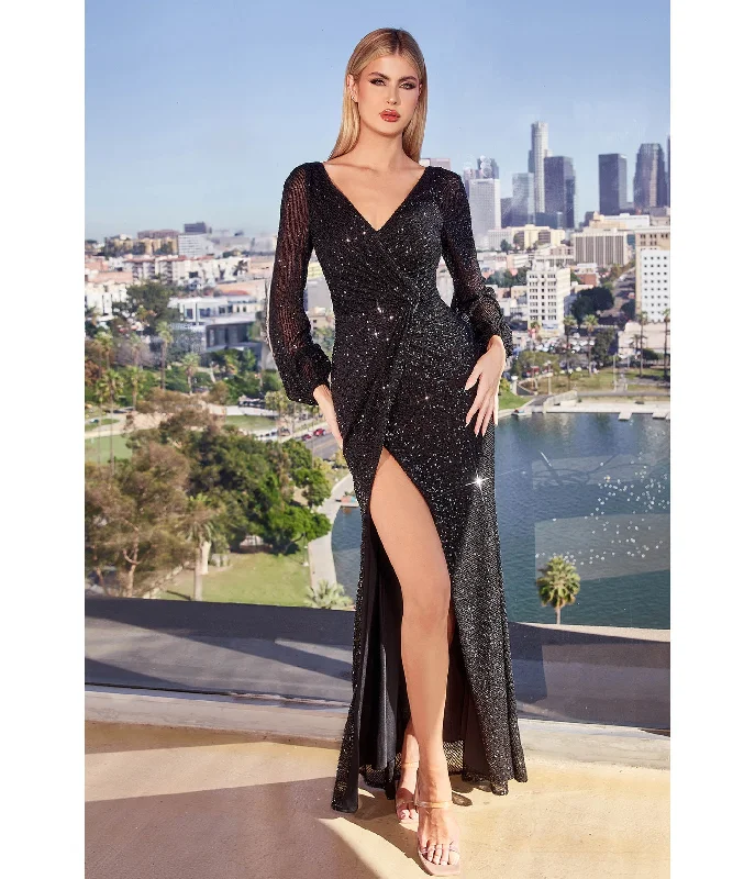 sweetheart neckline evening dress-Cinderella Divine  Black Sequin Long Sleeve Slit Evening Gown