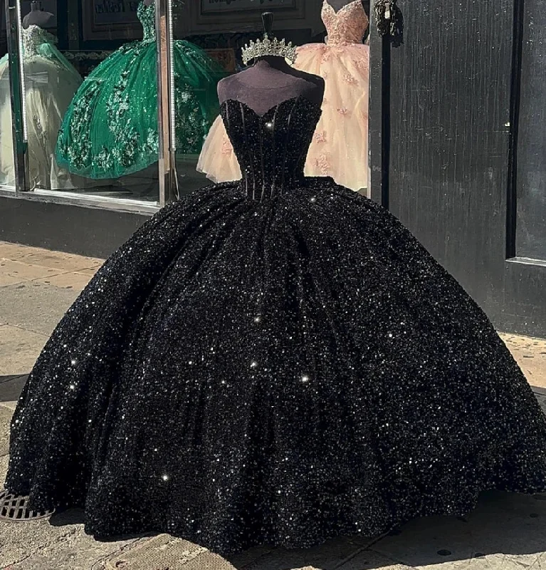 shimmering evening dress-Black Sequin Quinceanera Dresses Ball Gown 2024 Princess Sweet 16 Dresses Lace Up Birthday Prom Gown Luxury vestido de 15 quince