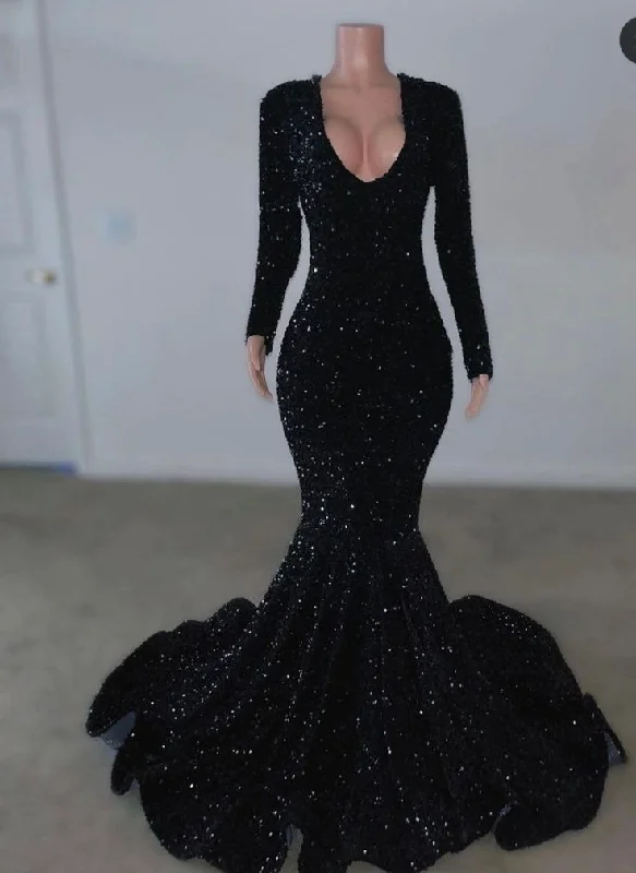 elegant long sleeve evening gown-Black sequins slit dress , black gown , slit black gown   S3723