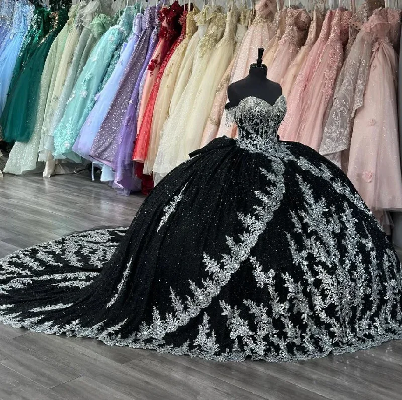 evening dress with crystals-Black Silver Gothic Princess Quinceanera Dresses Sparkly Applique Tassel Corset vestidos para 15 años Prom Sweet 16