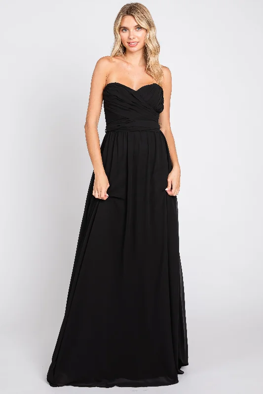 evening dress with appliqués-Black Sweetheart Convertible Chiffon Gown