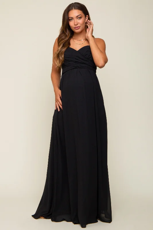 evening dress with bow detail-Black Sweetheart Convertible Chiffon Maternity Gown